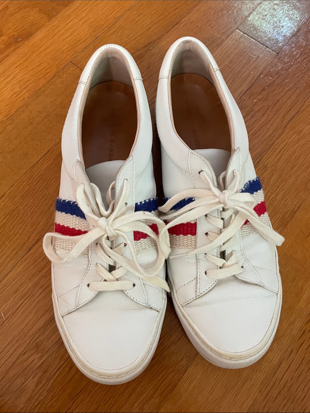 Loeffler Randall Leather Sneakers with Red & Blue Stripe Accent